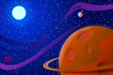 Cosmic landscape, sun, unknown planet, stars and galaxies, simple flat vector illustration