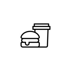 Hamburger and drink vector icon in linear, outline icon isolated on white background