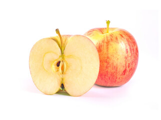 Apple royal gala fruit and half isolated on white background. Red apple fruits on white background.