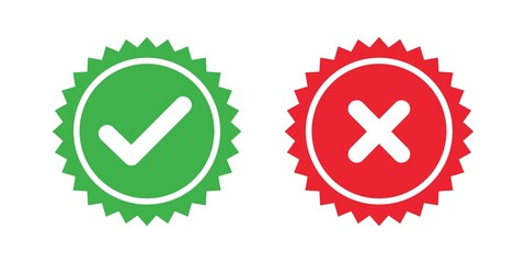 Green check mark and red cross icon with shadow isolated on white background, star Tick symbol in green color, vector illustration 