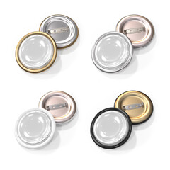 Brooch, badge, round glass cabochon on a pin. Mockup, template of clean empty pin brooch or button. Set of white, black, gold, silver color. 3d illustration isolated on a white background.