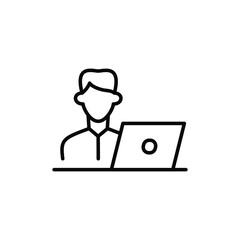 Man working with laptop outline icon. Man at work, studying, office worker. Editable stroke