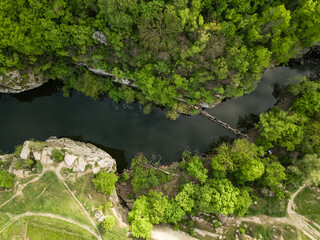Aerial view to granite Buky Canyon on the Hirskyi Takich river in Ukraine