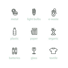 Sorting garbage outline icon set. Recycling, sorting waste. Thin line vector pictogram with editable stroke.
