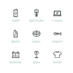 Sorting garbage outline icon set. Recycling, sorting waste. Thin line vector pictogram with editable stroke.