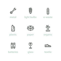 Sorting garbage outline icon set. Recycling, sorting waste. Thin line vector pictogram with editable stroke.