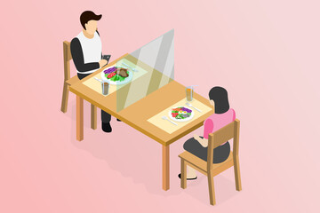 Isometric new normal after COVID-19 pandemic in restaurant, street food or canteen social distancing concept,  eating food with Plexiglas guards or Shield on table to combat COVID-19.
