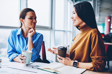 Two adult female colleagues discussing work ideas in office interior