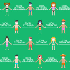 Pixel people in nature with social distancing.Vector illustration of  pixel people at park.