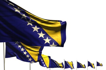 pretty many Bosnia and Herzegovina flags placed diagonal isolated on white with place for your text - any celebration flag 3d illustration..