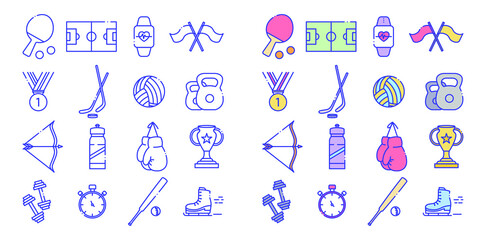 Line icons set of sport icons. Included are badges in the form of tennis, football, watches, flags, medal, hockey, boxing, skates, dumbbells, cup