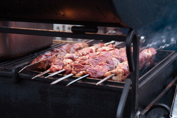Juicy marinated meat is grilled or barbecue or brazier. Pieces of meat strung on skewers. The process of making meat kebab on charcoal. Backyard BBQ