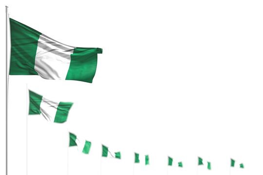 wonderful any holiday flag 3d illustration. - Nigeria isolated flags placed diagonal, illustration with selective focus and place for content