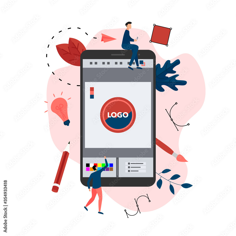 Poster flat vector graphic design concept with designer with an open design application with a creative pro