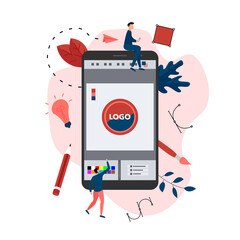 Flat vector graphic design concept with designer with an open design application with a creative project	
