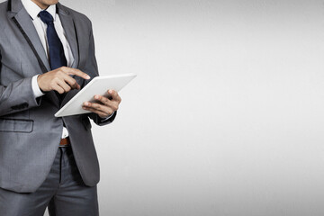 Businessman in suit on gray background.The boss have vision and leadership for strategy in business to success in market mechanism concept.