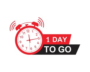 1 day to go label icon with alarm clock. One day  to go last countdown sale price offer, best deal symbol, 1 day only promo and deal timer, vector 