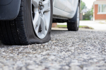 Close up of flat rear tire of white SUV track car vehicle automobile punctured by nail. Summer day, residential street. Selective focus, depth of field, space for copy.