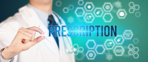 Close-up of a doctor giving you a pill with PRESCRIPTION inscription, medical concept