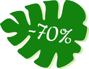 Get 70% off Sale. Eco shop discount. Green leaf vector isolated on white. Discount offer price sign. Special offer symbol. Save 70 percentages. Extra discount.