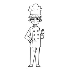 Cute Hand Drawn Outline or Line Drawing of Smiling and Happy Young Man Chef Wearing Uniform With Glasses. Suitable For Coloring Book, Children Book, Mascot, Character. Cartoon Illustration. Doodle.