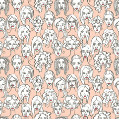 Seamless pattern of female doodle hand drawn portraits. Pink, gr