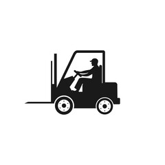 forklift with driver vector icon Illustration, black isolated on white.