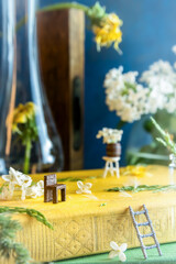 macro photo chair with paper scrolls on the book