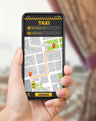 Woman hand with cell phone and taxi map and waiting time