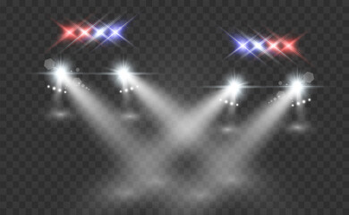 Realistic white glow round beams of car headlights, isolated on transparent background. Police car. Light from headlights. Police patrol.
