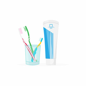 recommend clip art: Pair of toothbrushes in a glass with tube of toothpaste isolated on background. Vector illustration. Eps 10.