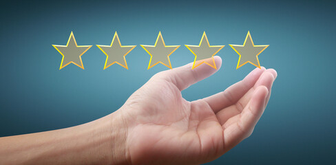 Hand of touching rise on increasing five stars. Increase rating evaluation classification concept