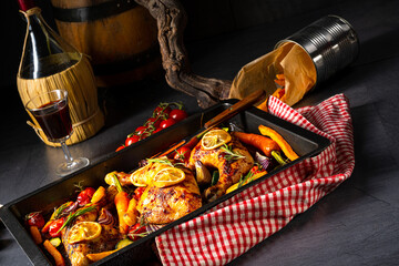 Grilled chicken legs with various vegetables and herbs.