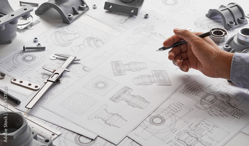 Poster Engineer technician designing drawings mechanical parts engineering Engine.manufacturing factory Industry Industrial work project blueprints measuring bearings caliper tools