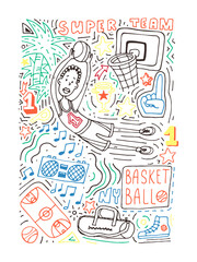 Basketball doodle style vector illustration. Poster, cover design, colorpage