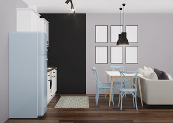 White classic kitchen interior with blue fridge and black chalk wall. 3D rendering.