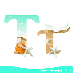 Summer alphabet Letter T. Seashells on the beach. Vector illustration.