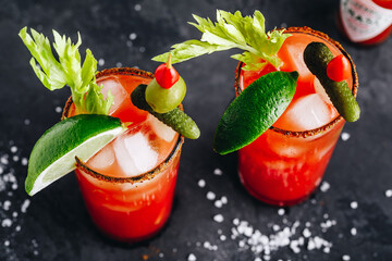 Bloody Mary Cocktail in glasses with garnishes. Tomato Bloody Mary ice cold drink with fresh celery, pickles and lime