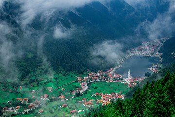 Uzungol lake view (Long lake) top view of the mountains and lake in Trabzon. Popular summer destination for tourists.
