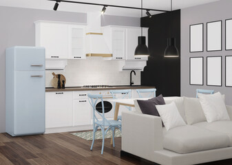 White classic kitchen interior with blue fridge and black chalk wall. 3D rendering.