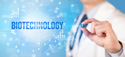 Doctor giving a pill with BIOTECHNOLOGY inscription, new technology solution concept