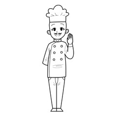 Cute Hand Drawn Outline or Line Drawing of Smiling Happy People Chef Wearing Uniform With Bald Head and Mustache. Suitable For Coloring Children Book, Mascot, Character. Cartoon Illustration. Doodle.