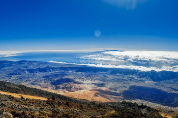 View from Mount Teide the highest point in Spain and the highest point above sea level in the islands of the Atlantic, Tenerife, Canary Islands, Spain. Aerial view from Tenerife on La Gomera island - 354938252