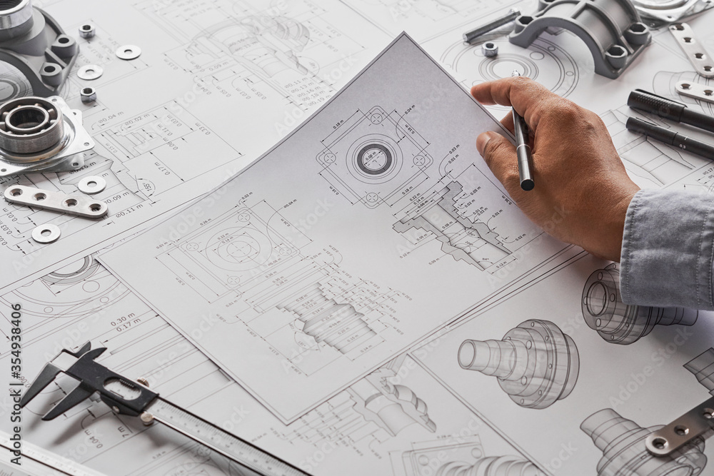 Poster engineer technician designing drawings mechanical parts engineering engine.manufacturing factory ind