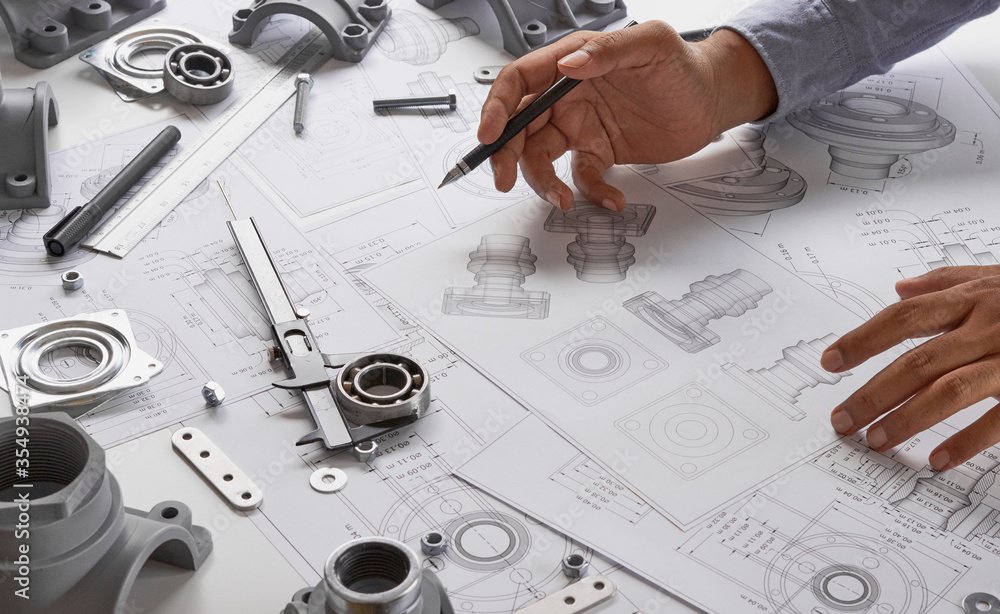 Poster engineer technician designing drawings mechanical parts engineering engine.manufacturing factory ind