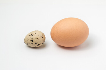 Size comparison between a quail egg and a chicken egg isolated on a white background