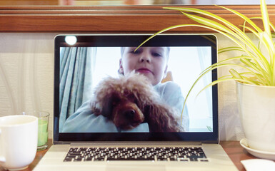 Laptop webcam blurry screen of boy with a dog having video chat during quarantine due to the...