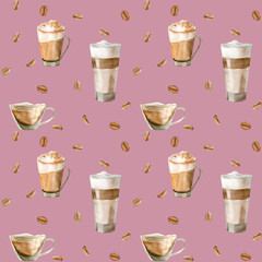 Watercolor seamless pattern with illustrations of coffee cup, coffee beans, coffee grinder, cappuccino, latte