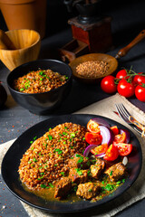 Buckwheat groats baked in the oven with beef goulash