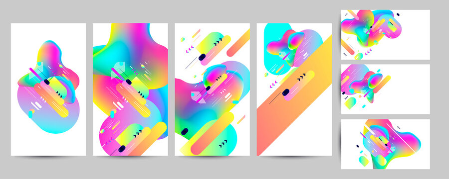 Summer posters for social media and music fest flyer music fest set. Fluid holographic gradient shape and line. Stock vector eps 10